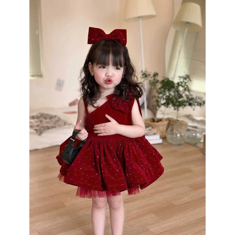 Váy đầm noel CS637 váy đỏ nhung nhũ bé gái lệch vai kèm bờm xược cho bé