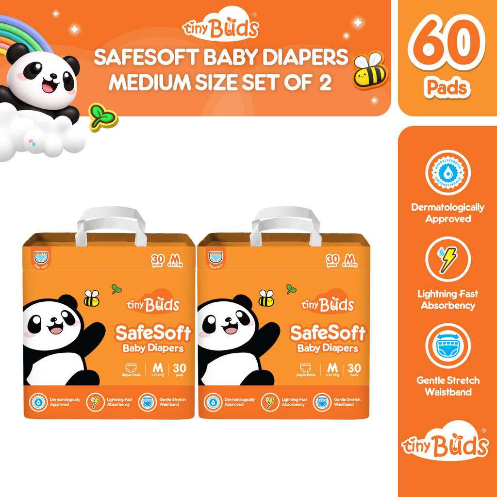 Tiny Buds Baby SafeSoft Pants Diaper Medium M 6–11kg (Set of 2) | Hypoallergenic Double Leak Guard