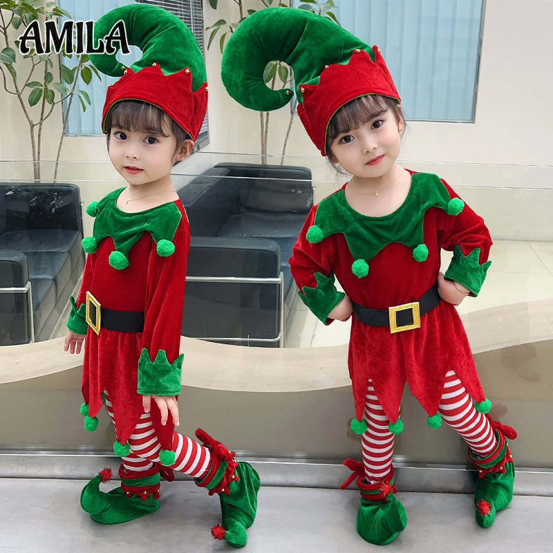 AMILA Christmas clothing children s clothing girls dresses red green elves