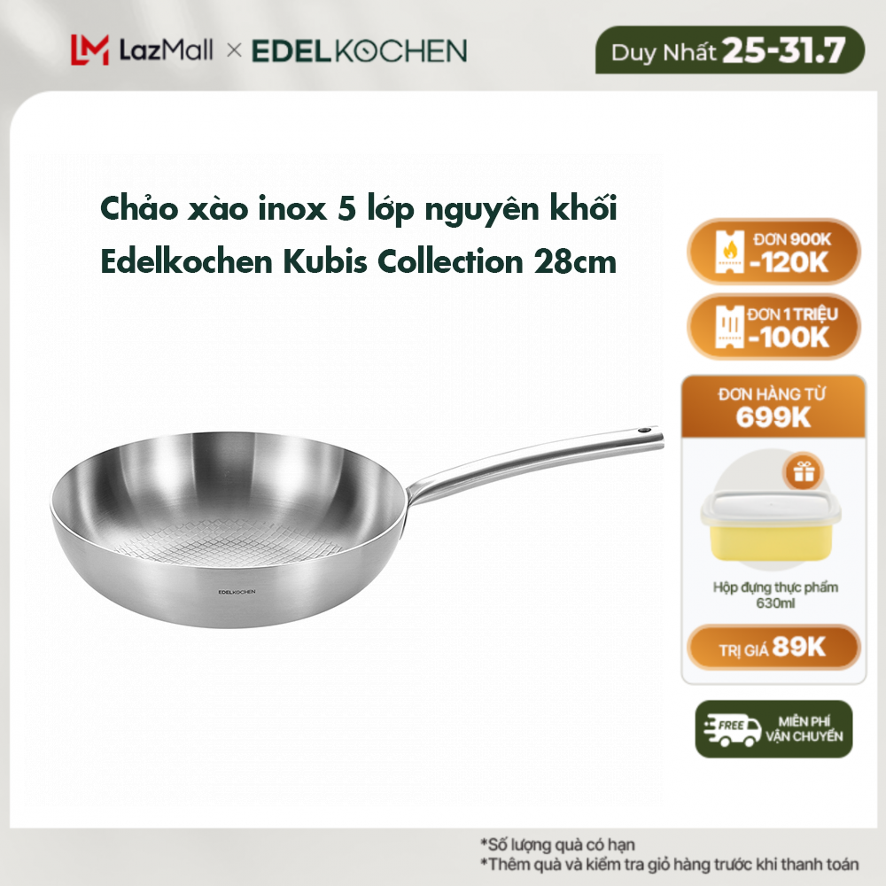 Chảo xào inox 3 lớp nguyên khối Edelkochen Kubis Collection 28cm