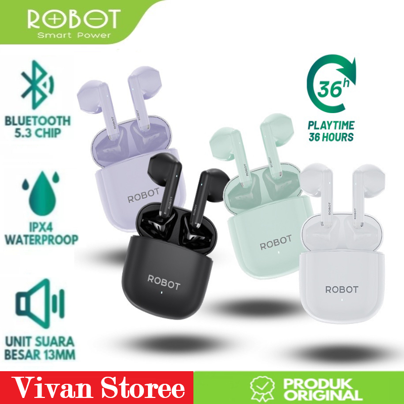Headset Bluetooth Robot T60 Robot Arti Tws Earphone Robot T60 Tws Earphone Bluetooth Ipx4 Playtime 36Jam