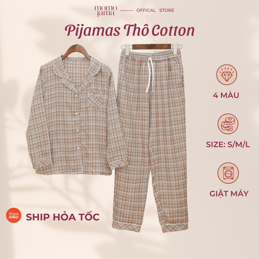 Bộ đồ ngủ mặc nhà nữ MOMOJAMA bộ pijama dài tay quần dài chất thô kẻ dày bộ quần áo pijama mặc nhà thanh lịch cho nữ