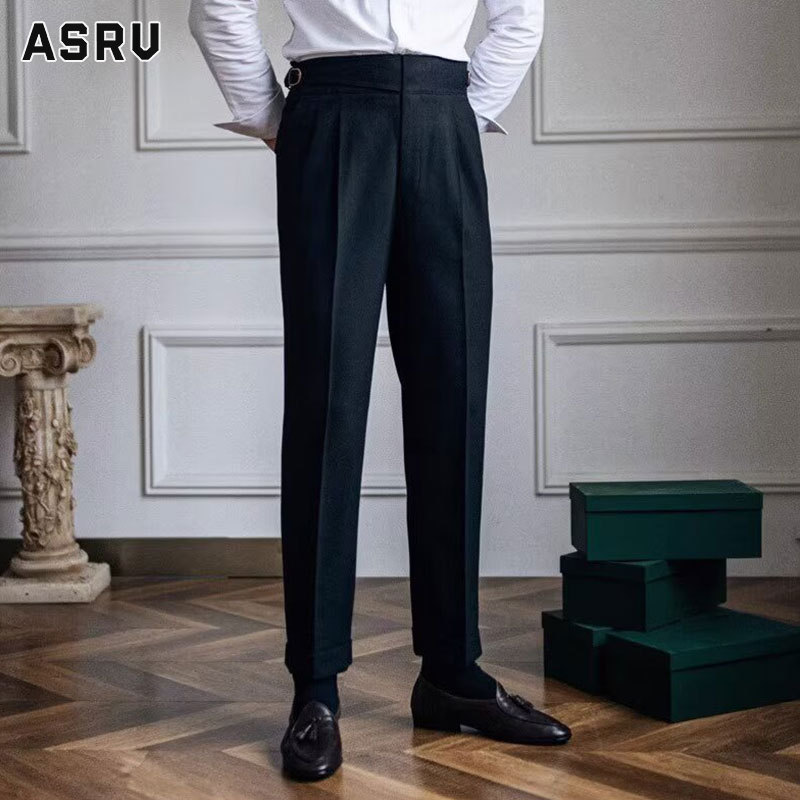 ASRV quần tây âu quần âu hàn quốc quần vải quần tây công sở Của nam giới phù hợp với quần cao eo thẳng chân draped phù hợp với quần với Retro parisian nút-xuống quần