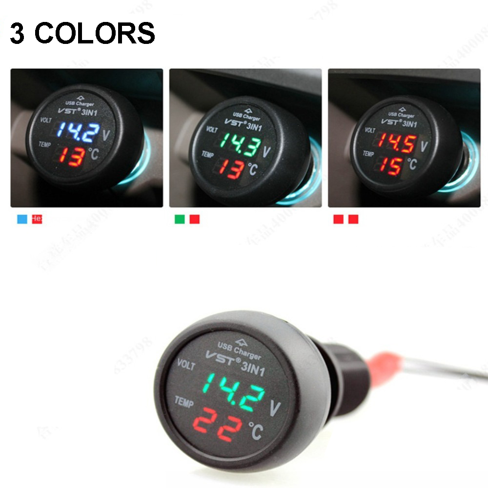 TRAMSIT Kỹ thuật số Màn hình đồng hồ LCD 12V/24V Màn hình kép Đồng hồ đo điện áp/nhiệt độ Phổ thông 3 trong 1 Sạc xe hơi USB