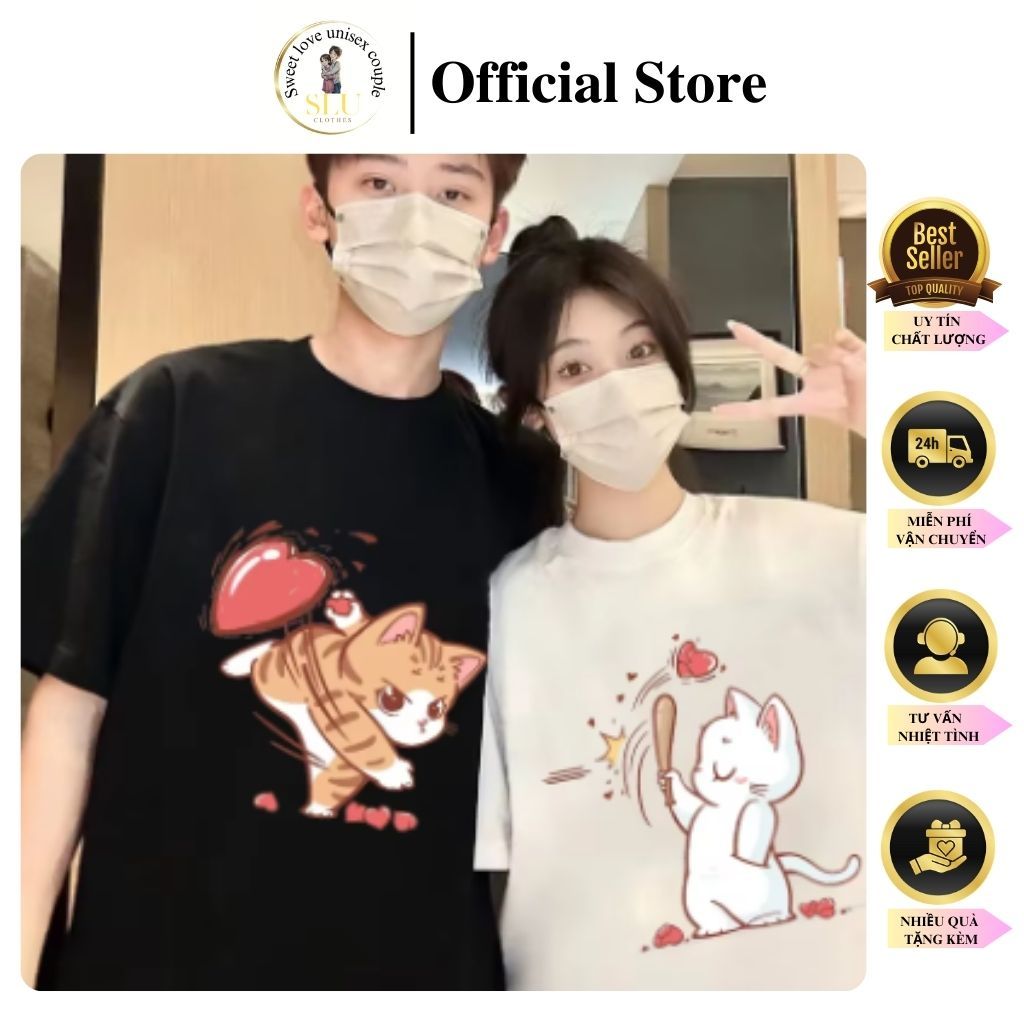 Áo phông đôi nam nữ áo thun cặp SLU áo gia đình form rộng tay lỡ áo cặp bạn thân cotton in mèo ném t