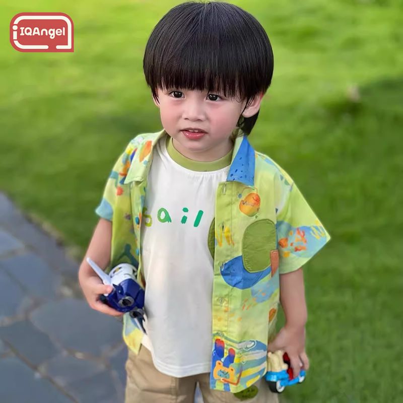 IQANGEL Boy's Short-Sleeved Shirt, Summer Children's Cartoon Printed Short-Sleeved Shirt, Children's Splash Festival Printed Shirt ราคา 164 บาท*ส่งฟรี