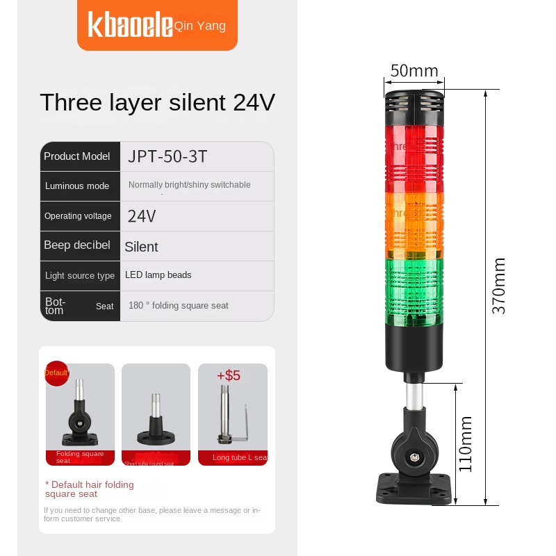 [LTA-505] 3 TẦNG IM LẶNG NHẤP NHÁY 24V Đèn Cảnh Báo LED Đa Tầng Kbaoele | 1-5 Tầng | 12V/24V/220V Có/Không Âm Thanh | Máy CNC & Tự Động Hóa