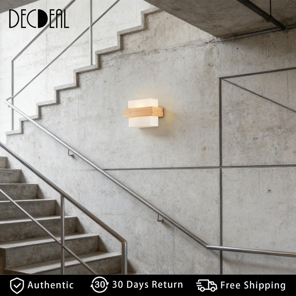 Decdeal Modern Wooden Wall Sconce Indoor Wall Light Fixture Glass Lampshade for Home Decor Living Room Bedroom Hallway Corridor