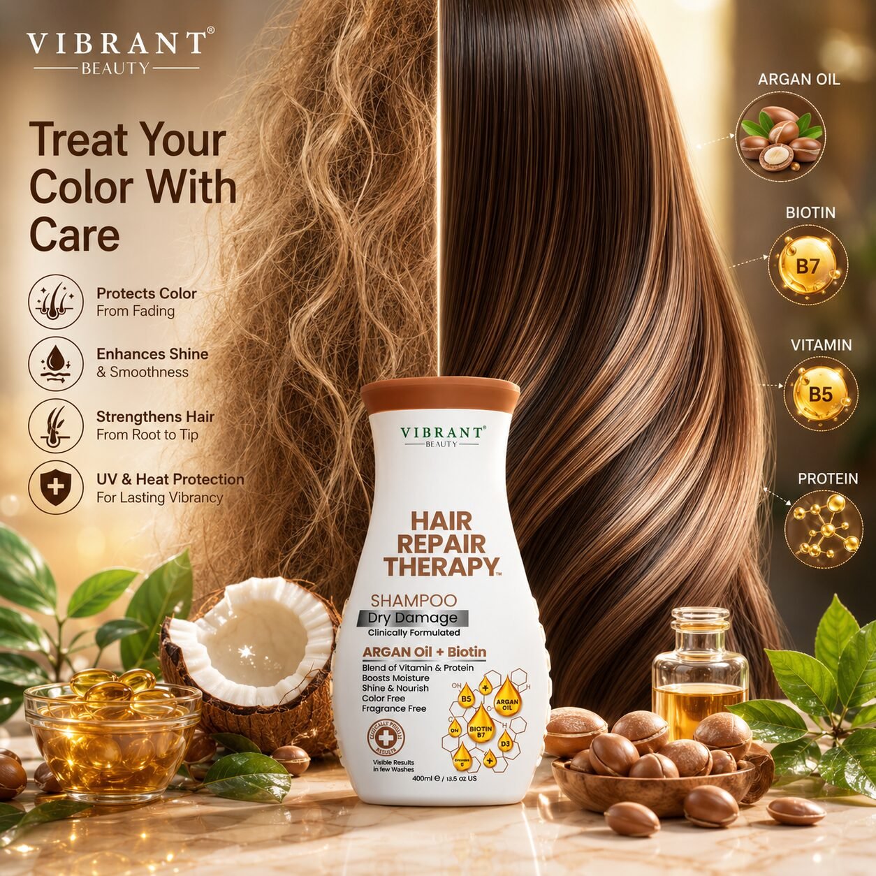 Vibrant Beauty Hair Repair Therapy Shampoo Dry Damage (Argan Oil + Biotin) | Hair Cleansing Care | 400ml
