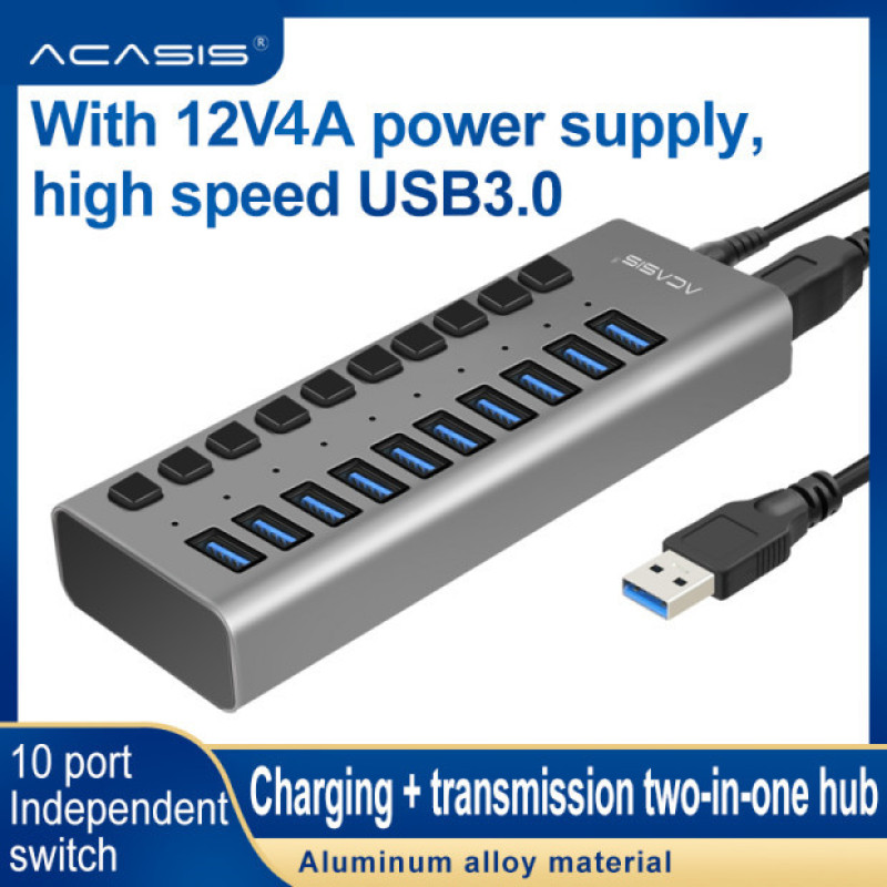 AcasisUSB HUB 3.0 Super Speed 5Gbps 10 Ports Portable USB 3.0 HUB Splitter With External Power Adapter PC For Accessories