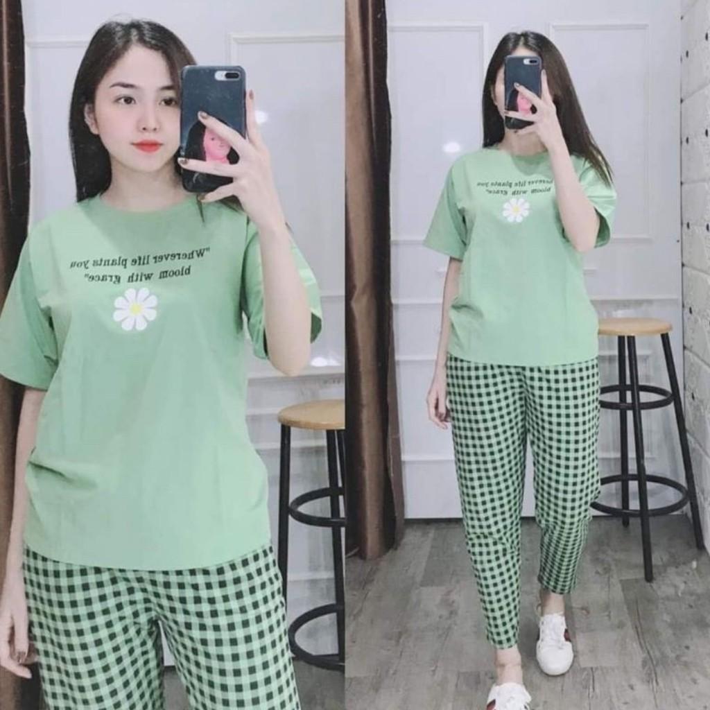 Đồ bộ nữ quần dài đồ mặc nhà đẹp caro hoa cúc thể thao Set đồ bộ thun cotton nữ bigsize trung niên 45 -85kg DB10 ESHOP