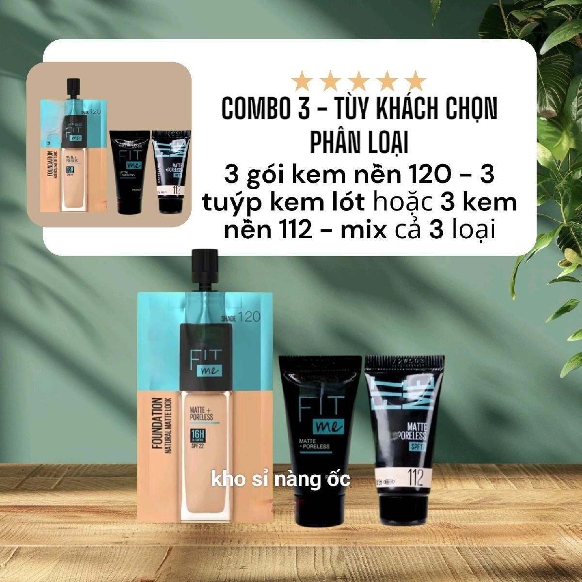 COMBO 3 tùẏ KHÁCH CHỌN - Kem nền Fit me 120 dạng gói 7g - kem lót fit me 5ml - kem nền fit me 112 dạ