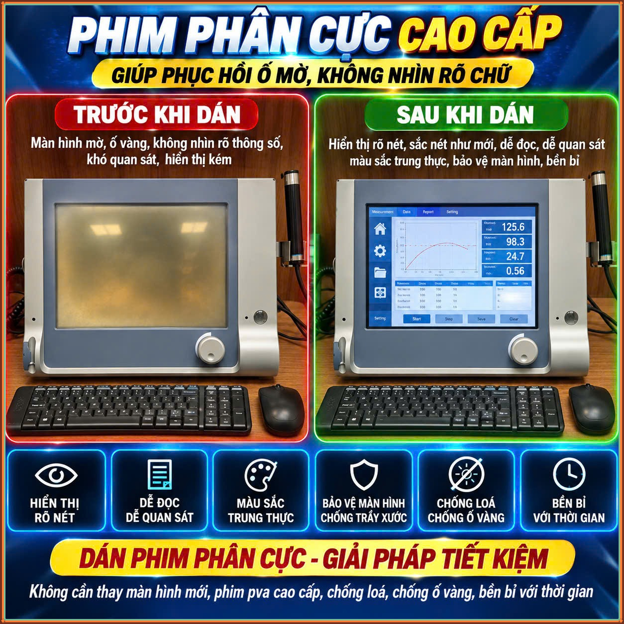 Phim Phân Cực Màn Hình Máy Siêu Âm Mắt – Khắc Phục Ố Mờ, Rõ Chữ Dễ Quan Sát