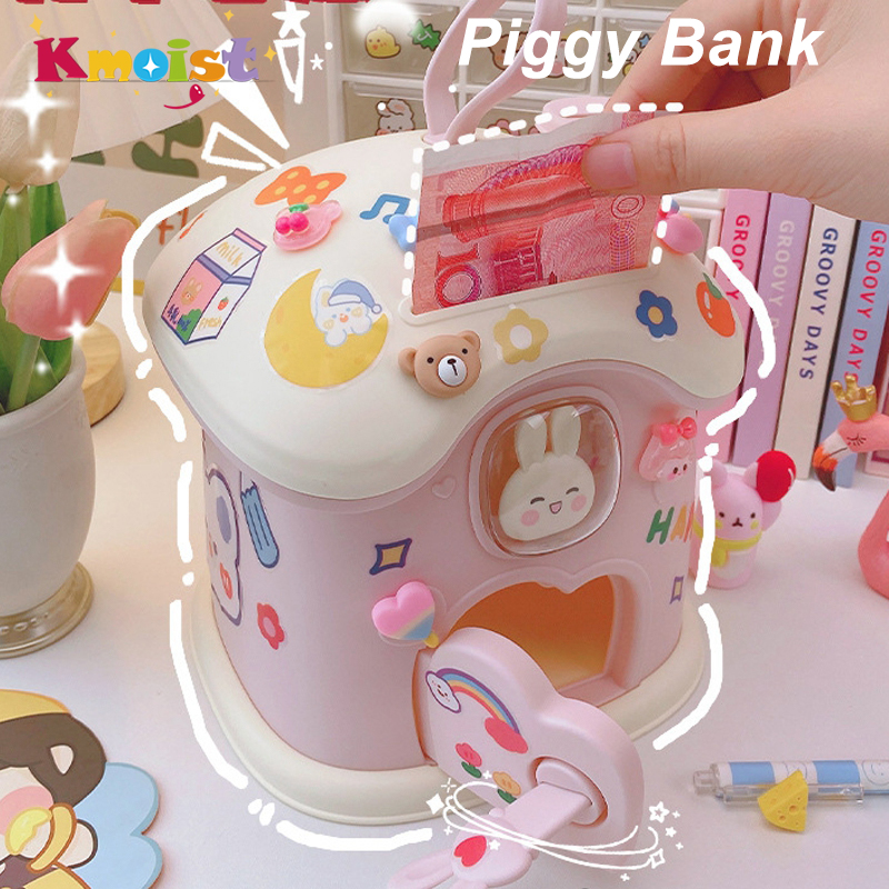 Kmoist Cartoon Mushroom House Piggy Bank with DIY sticker ATM Money Box