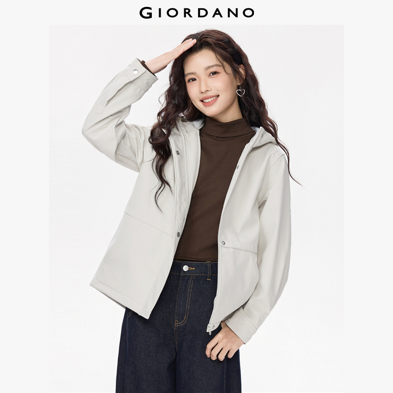 Giordano Composite Fleece Adjustable Waist Hooded Shell Jacket - composite polar fleece (stiff & warm), hooded (windproof), waist drawstring (slimming) 13375656