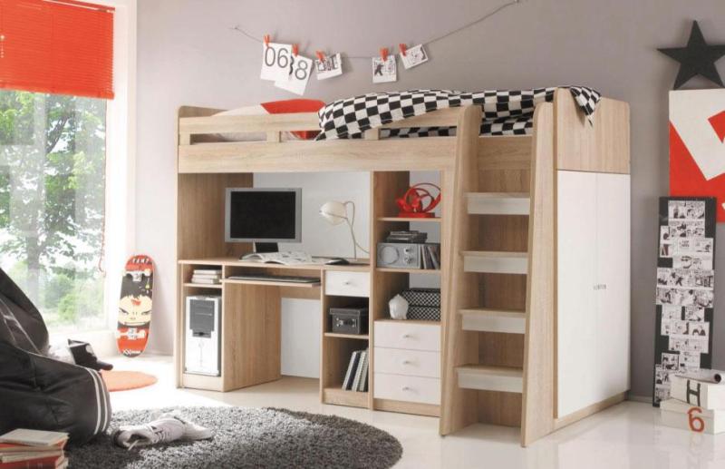 Loft bed with study table, wardrobe and bookshelves
