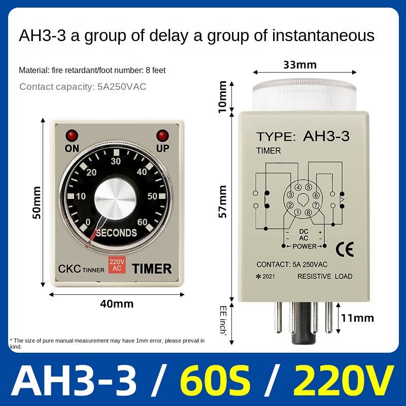 Timer Relay AH3-3 -60S-220V | tùy chọn Rơ Le thời gian AH3-3, AH3-2 CKC, 1s-60m, AC220V/DC24V, Trễ Bật, 8 Chân, Công Nghiệp, IP50, Độ Chính Xác Cao