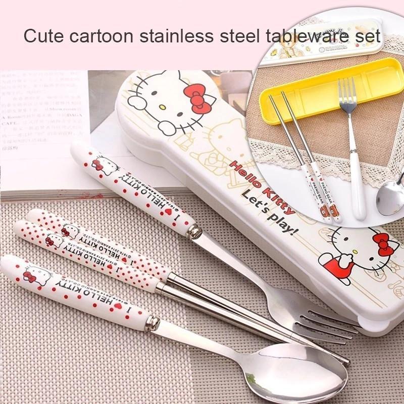 Sanrio Character Stainless Steel Cutlery Set​​ - 2-Piece Portable Student Spoon & Fork with Cartoon Design Food-Grade 304 Steel for Lunchboxes & Travel (Hello Kitty/Kuromi/My Melody Themes) eshop