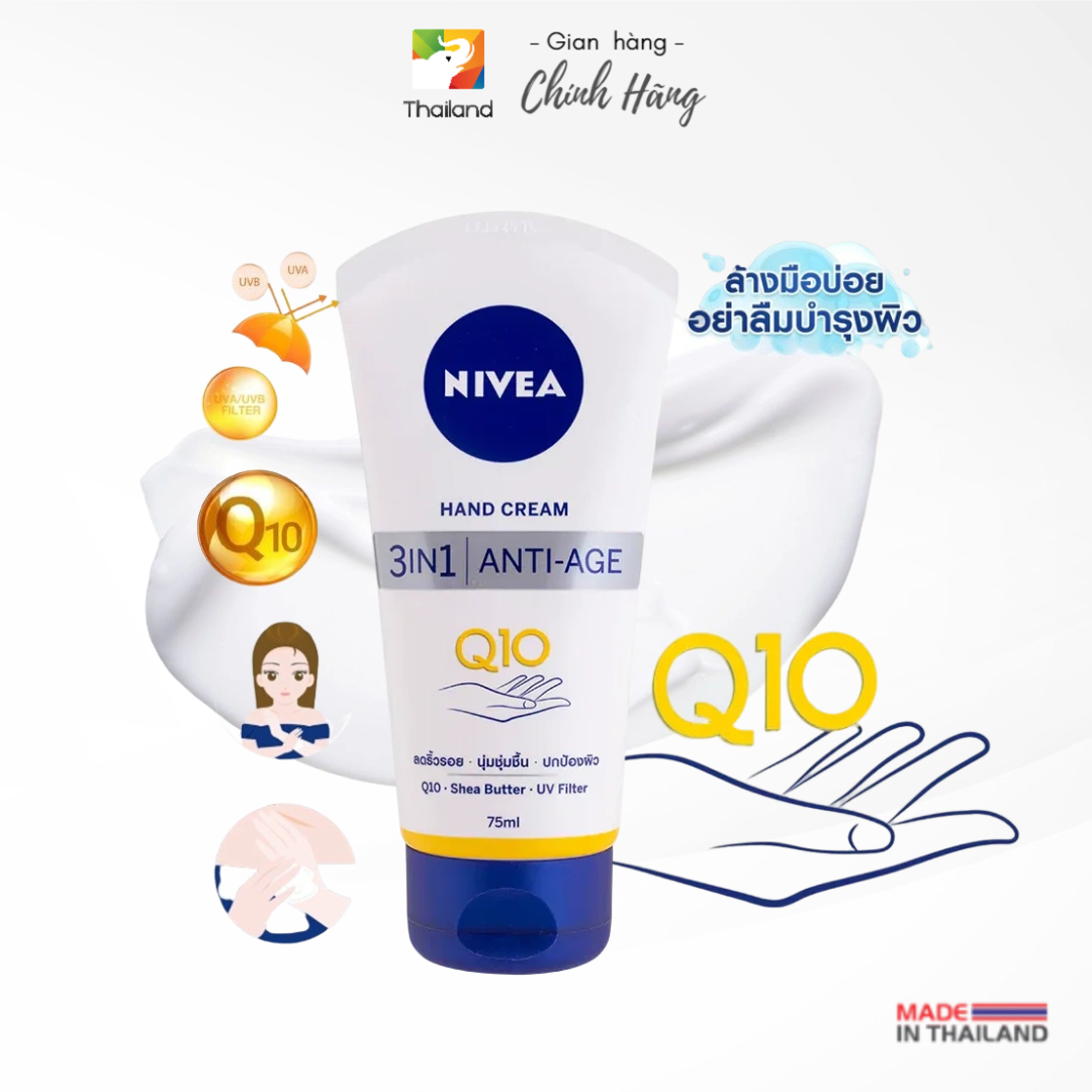 Dưỡng da tay chống nắng Nivea Hand Cream 3 in 1 Anti-age Q10 Thái Lan