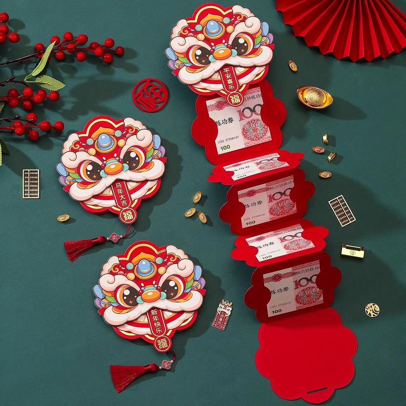 5 khe cắm gấp màu đỏ gói 2026 CNY tiền mặt túi quà tặng sinh nhật đám cưới vận may Lion Dance Lễ Hội Mùa Xuân Phong bì màu Đỏ