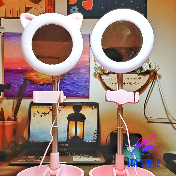 Đèn Livestream màu hồng tai thỏ siêu cute kèm gương trang điểm và giá đỡ điện thoại để bàn có thể gấp gọn đa năng