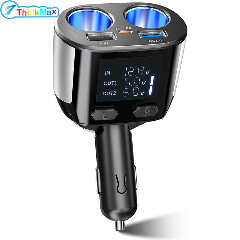 THINKMAX,2023New!!USB C Car Charger 2 Sockets Cigarette Lighter Splitter 12/24V PD30W QC3.0 Fast Charging Adapter LED Voltage Display ราคา 454 บาท*ส่งฟรี