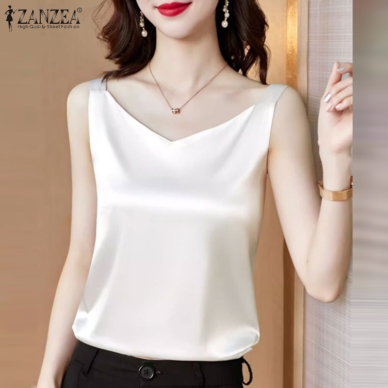 ZANZEA Korean Style Women's Vest Commute Elegant Sleeveless V-Neck Satin Solid Color Tank Top #11 ราคา 141 บาท*ส่งฟรี