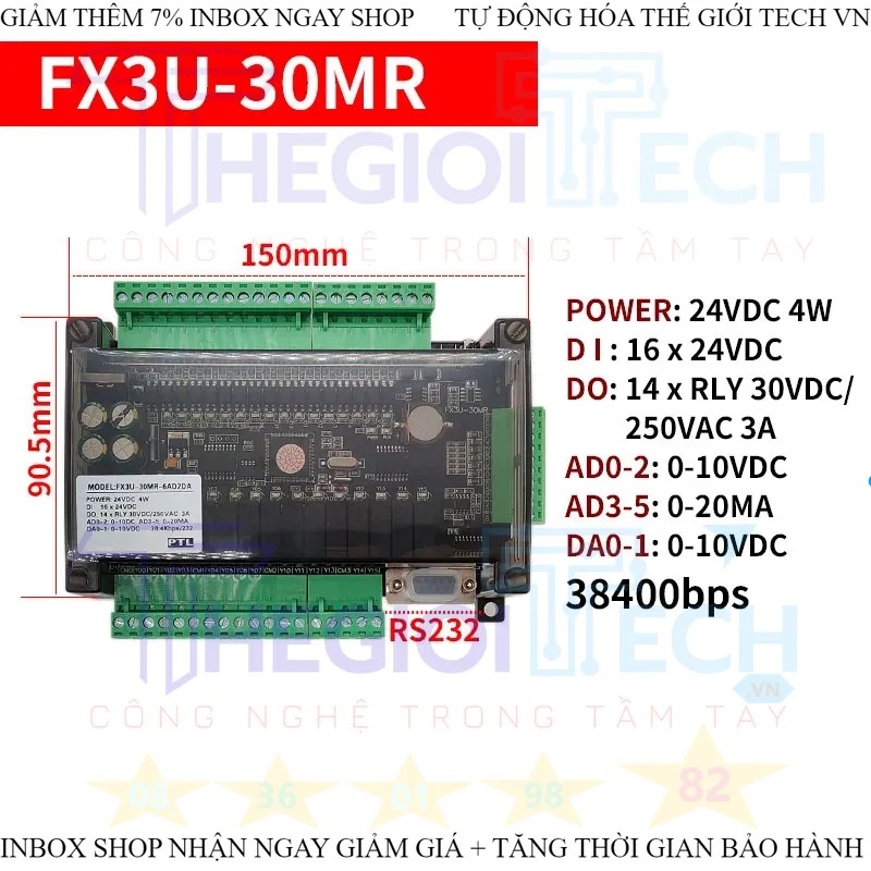 Bo lập trình logic điều khiển công nghiệp PLC FX3U 6AD 2DA 14MR 14MT 24MT 24MR 30MR 32MT 48MR 48MT RS232 RS485 38400bps - FX3U-30MR