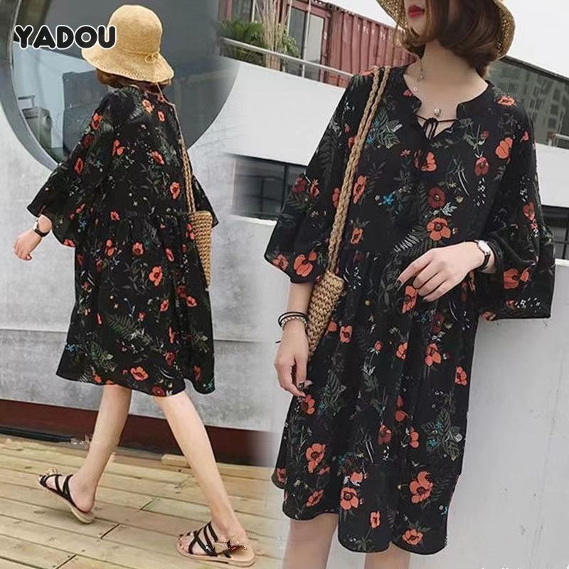 YADOU Floral Dress, Maternity Dress, Flare Sleeve Cross Collar Design ราคา 138 บาท*ส่งฟรี