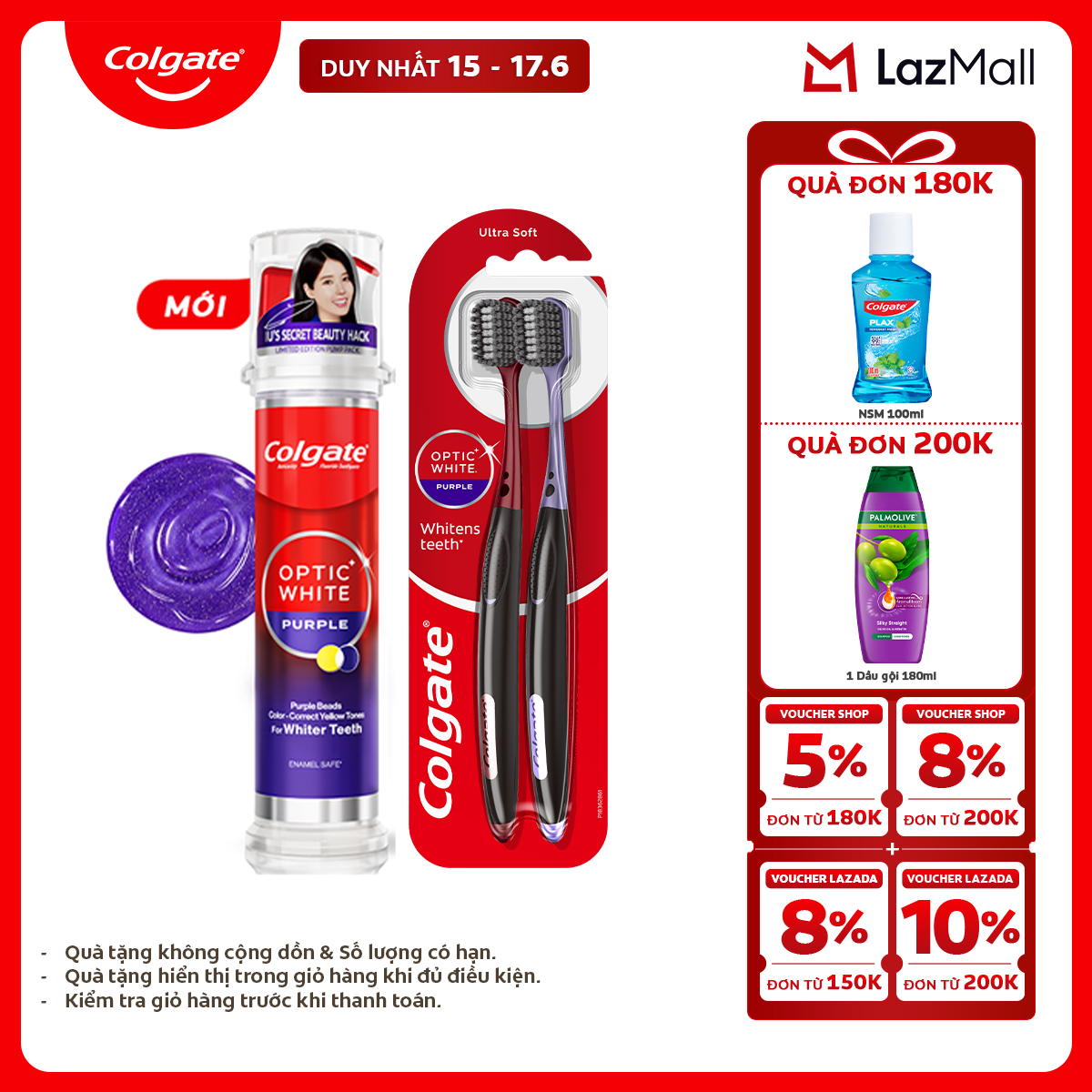 Bộ Kem đánh răng Colgate Optic White Purple Vòi nhấn thông minh 130g và 2 bàn chải trắng răng