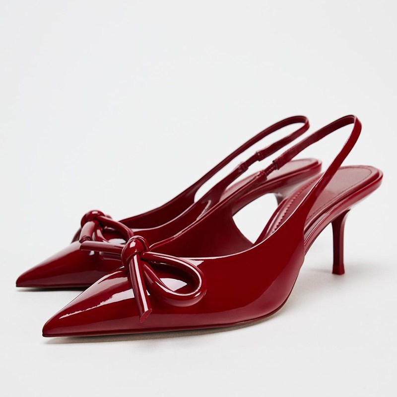 ZARAˉ 2024 Autumn New Women's Shoes Red Bow Decorated High Heel Muller Shoes Pointed Toe Back Strap Thin Heel Sandals Women 2025 imported Spain style