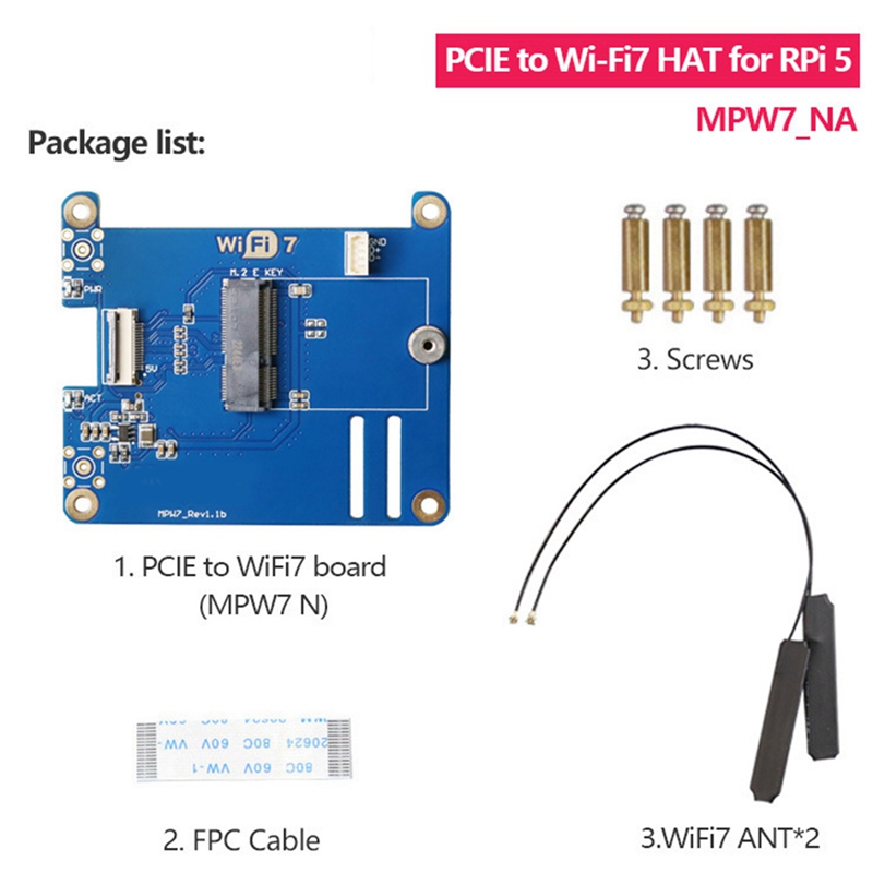 (WADP) MPW7NA for 5 PCIE to M.2 E-Key WiFi7 Module+2 X Antenna BE200 MPW7NA for 5 WiFi7 Module Kit B
