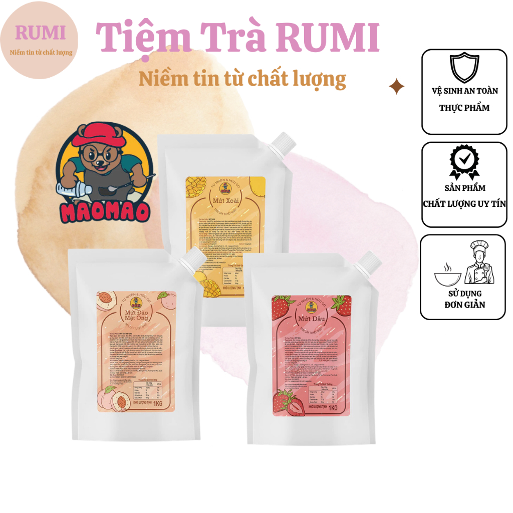 Gấu LerMao - Maomao - Túi Mứt 1kg vị Đào / Dâu / Xoài / Lá Dứa / Hoa Quả / Dâu Tằm / Thanh Mai / Việt Quất / Mận / Lê