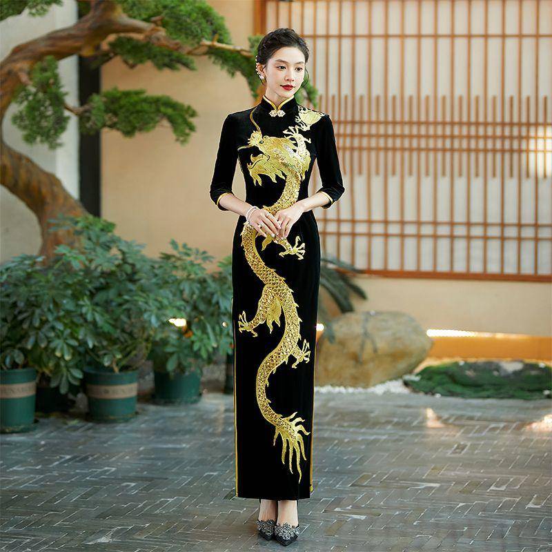 Black Gold Cheongsam Dress - Heavy Industry Lace Embroidery, Elegant Retro  Style, Sexy Backless Neck | Lazada Malaysia