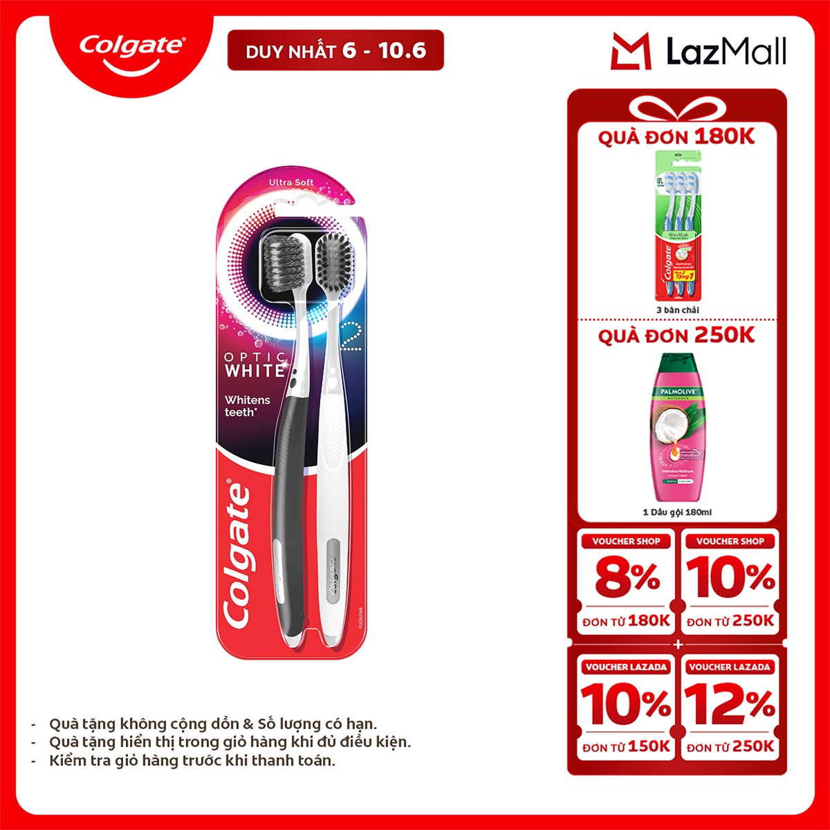[Chỉ 6-10.6_X2 Voucher giảm 22%] Bàn chải Colgate trắng răng Optic White với lông chải 2 tầng sạch vượt trội