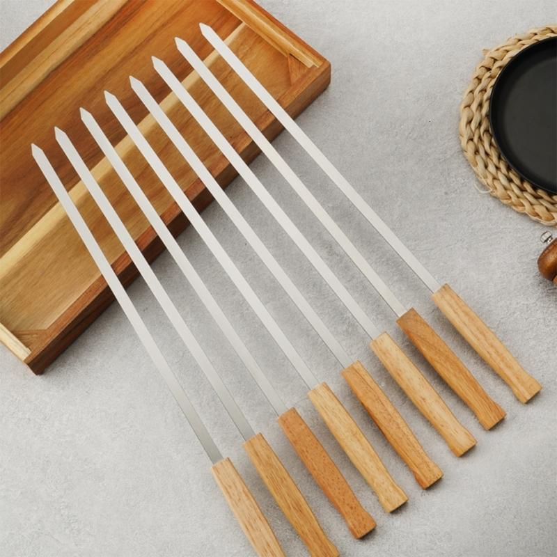 8 cái xiên nướng phẳng thép không gỉ xiên phẳng rộng có tay cầm để nướng thịt, gà, tôm, rau
