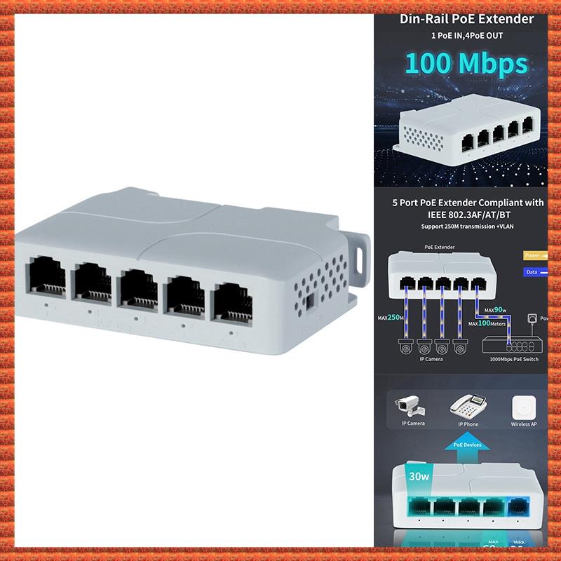 5 Port 10/100Mbps POE Extender 1 in 4 Out Network Switch Repeater Support IEEE802.3af/at/bt for PoE Switch NVR IPC