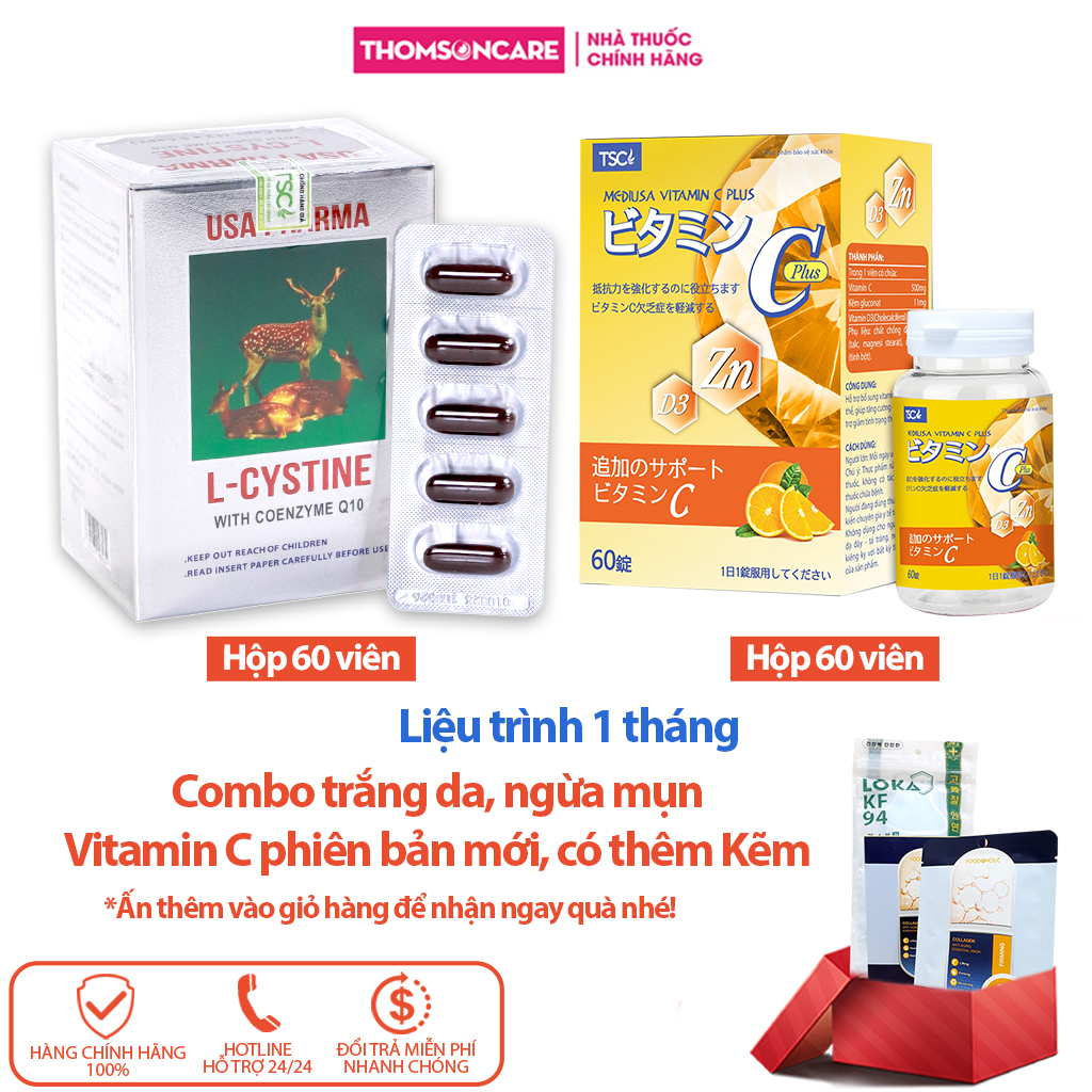 Combo L Cystine 60v và Vitamin C có kẽm 60v giúp trắng da, cho người bị mụn vitamin c dhc lcystine