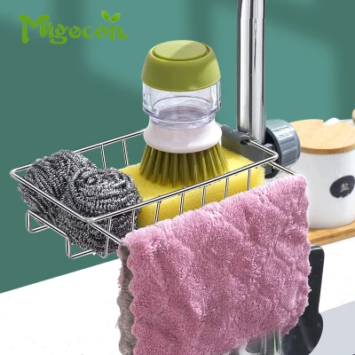 Migecon Stainless steel Faucet Sink Storage Rack Sponge Clip Dish Towel Shelf Adjustable Organizer Stainless Steel for Kitchen Bathroom