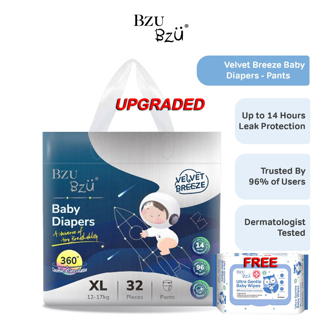 BZU BZU Baby Diapers Velvet Breeze ( Tape ) ( Pants ) + FREE Wipes 80s