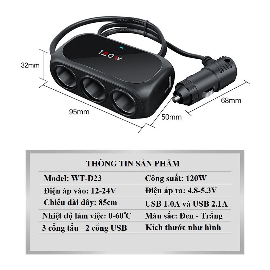 Bộ chia cổng sạc ô tô đa năng với 3 tẩu sạc và 2 cổng USB tiện lợi cho mọi nhu cầu sạc. Giá 105,000 Đồng*Miễn phí vận chuyển
