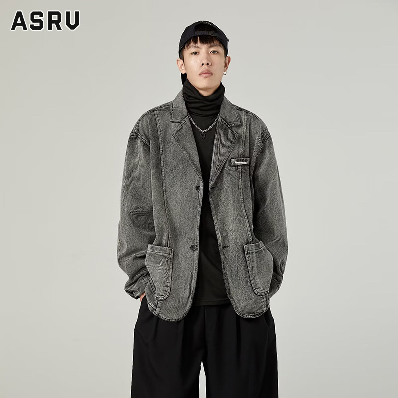 ASRV Men s American retro design washed distressed denim jacket Loose and