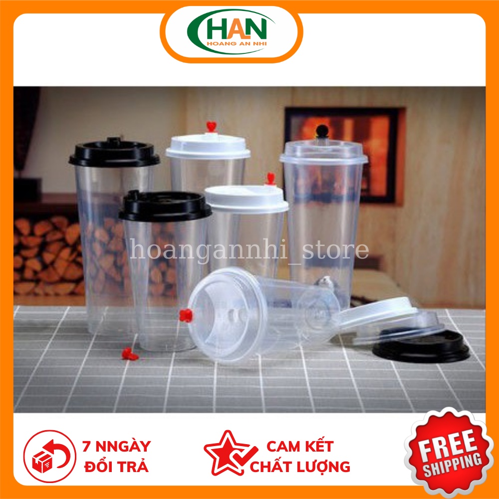 Combo 25 cốc nhựa PP cứng nắp tim nhiều màu chống tràn dung tích 360ml/500ml/700ml
