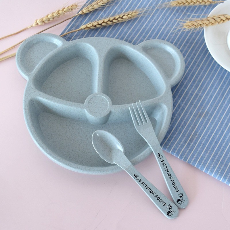 [Same Day Ship] 3Pcs/Set Baby Dinnerware Anti-hot Wheat Training Plate Baby Feeding Bowl Set Tableware Plates with Spoon and Fork