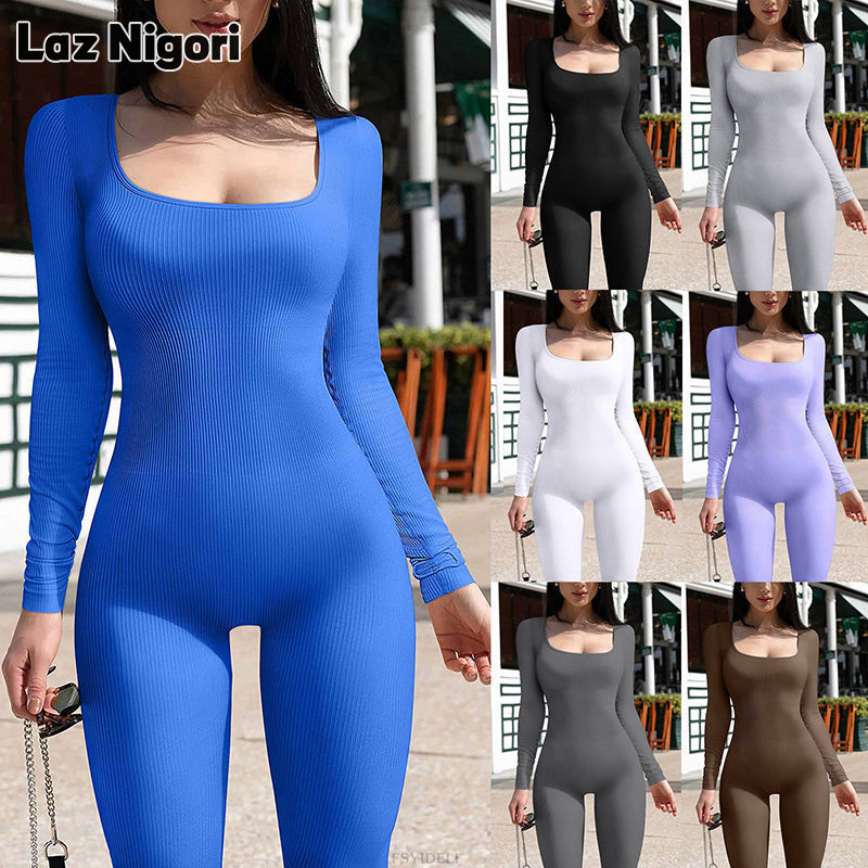 Laz nigori Quần dài tay Jumpsuit đơn sắc cổ áo vuông Âu và Mỹ Quần liền thân có ren đáy hợp thời trang