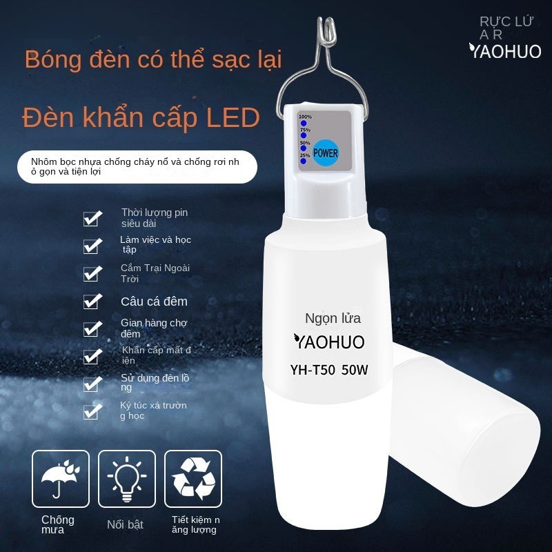 Bóng đèn Led sạc tích điện 8H công suất 50W siêu sáng có móc treo tiện dụng tặng cáp TYPE C