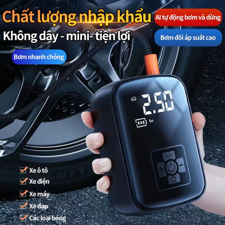 Máy Bơm Hơi Lốp Ô Tô Xe Máy Điện Tử Không Dây Công Suất Cao 100W, Al Tự Động Ngắt Khi Đầy, Kiêm Sạc Dự Phòng Điện Thoại