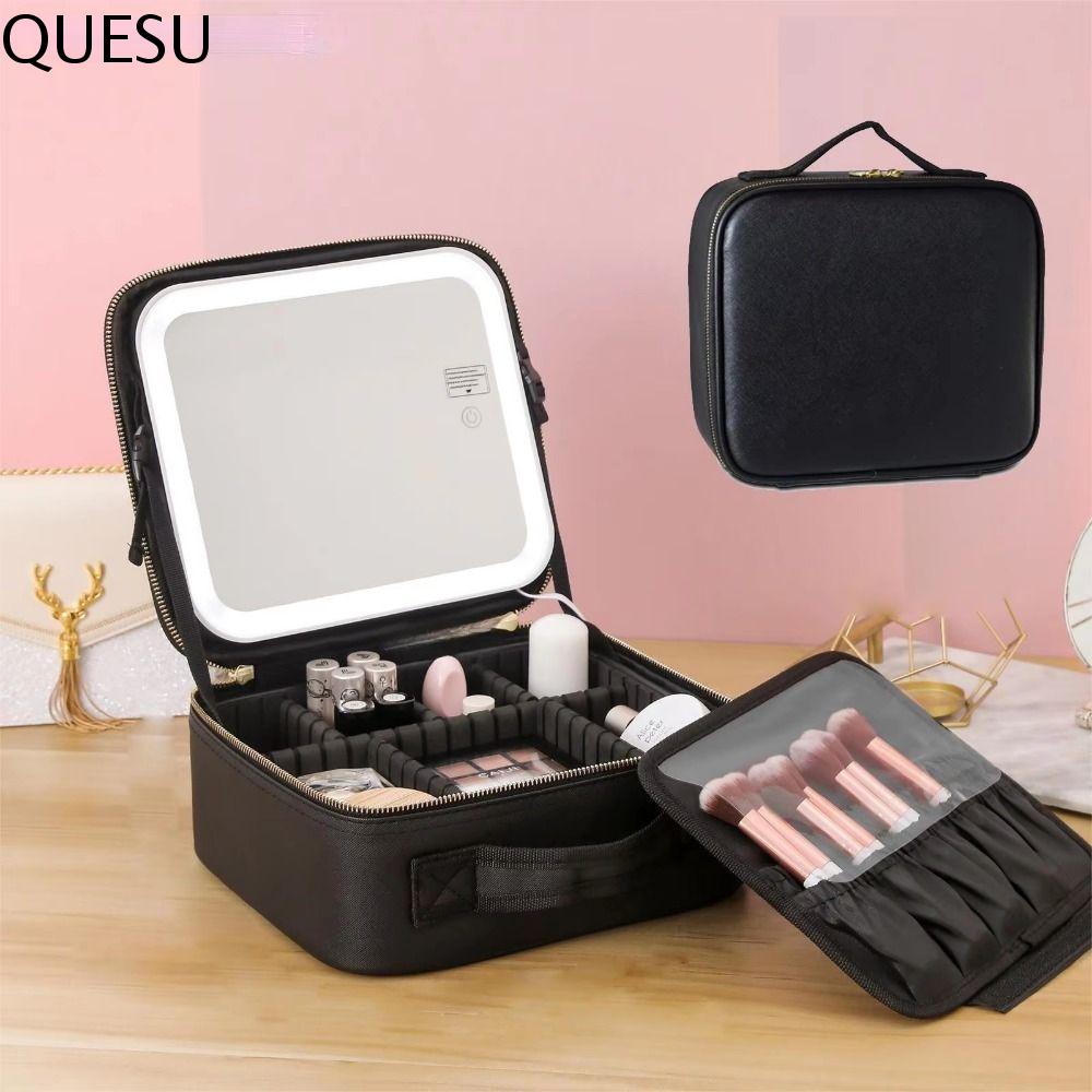 QUESU Nhiều ngăn Túi trang điểm có đèn Led Vách ngăn có thể tháo rời Đựng cọ trang điểm riêng biệt Hộp đựng mỹ phẩm có gương Da PU Sức chứa lớn Hộp đựng đồ trang điểm LED Ngoài trời