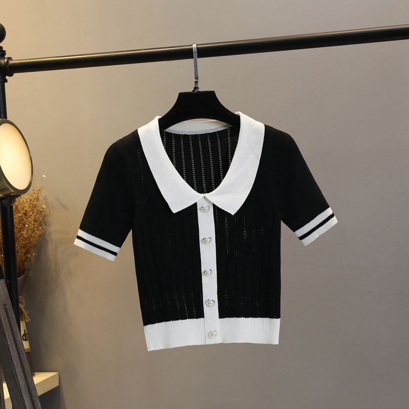 Chạm khoét tay ngắn Polo Áo sơ mi cho phụ nữ trong mùa hè lụa băng cao eo ngắn mỏng Top