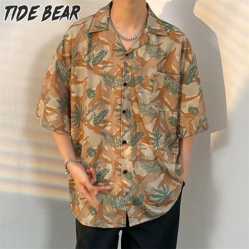 TIDE BEAR Men's beach resort style Hawaiian short-sleeved shirt V-neck printed loose buttoned short-sleeved shirt ราคา 161 บาท*ส่งฟรี